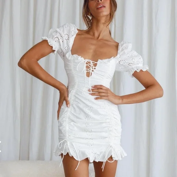 NWT SELFIE LESLIE La Quinta White Eyelet Lace Ruched Mini Dress w Puff Sleeves - Picture 9 of 16